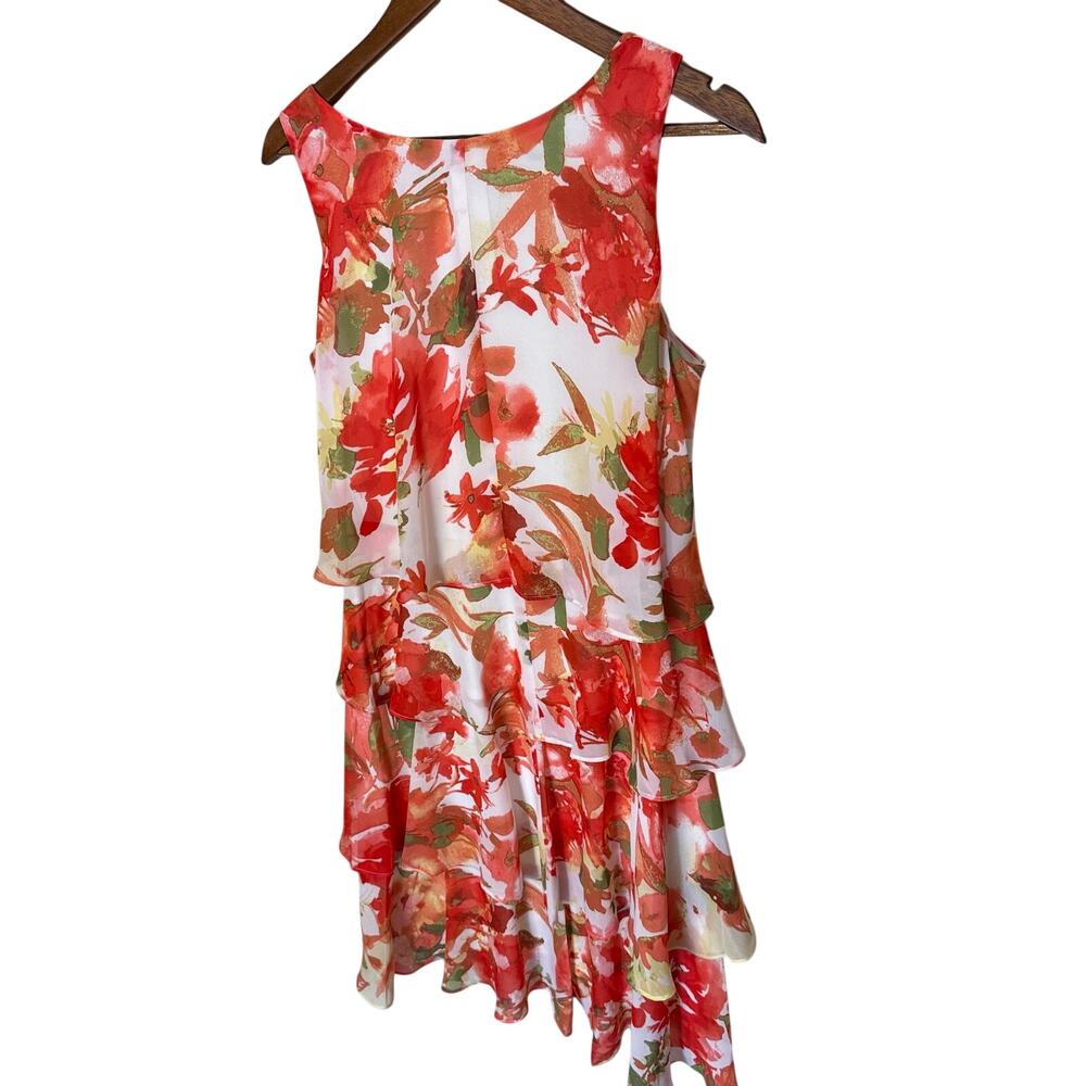 SLNY Red and Orange Floral Sleeveless Midi Sundress S.L. Fashions Layered Sz 10